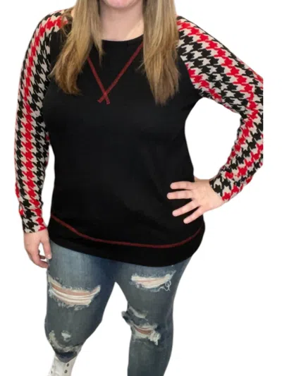 Honeyme Houndstooth Long Sleeve Tee In Red/black In Multi