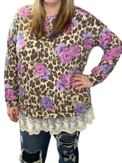 Honeyme Lace Trim Floral Animal Sweater In Multi Color