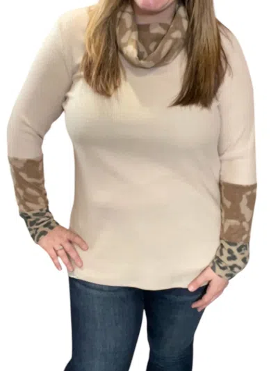 Honeyme Leopard Accent Cowlneck Sweater In Beige In Multi