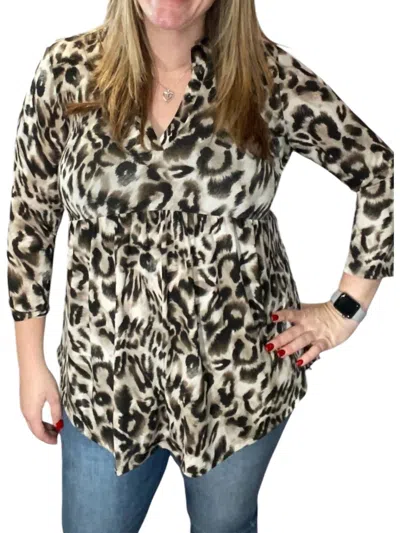 Honeyme Leopard Babydoll Gabby Tunic Top In Taupe In Animal Print