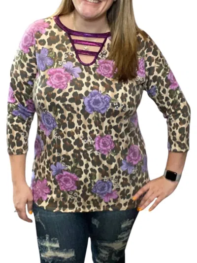 Honeyme Leopard Floral Spliced Tee In Purple Multi