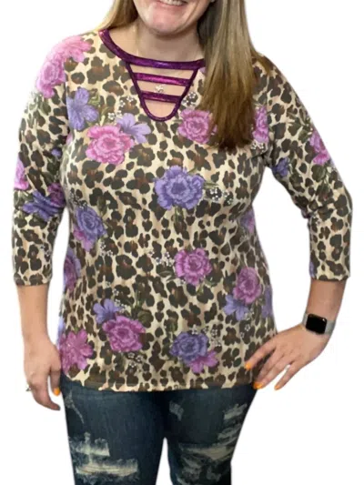 Honeyme Leopard Floral Spliced Tee In Purple Multi