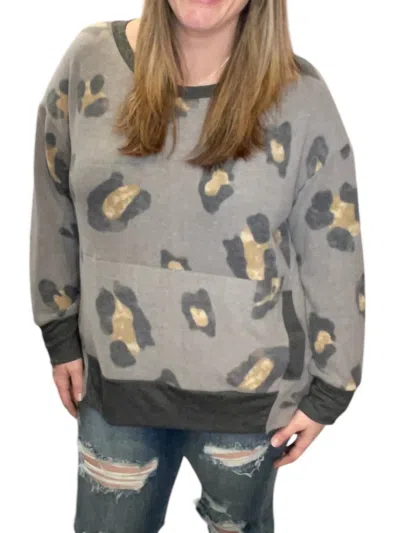 Honeyme Leopard Kangaroo Pocket Sweater In Charcoal In Pink