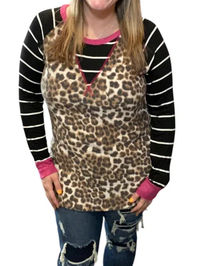 Honeyme Leopard Long Sleeve Tee In Pink/brown/black In Multi