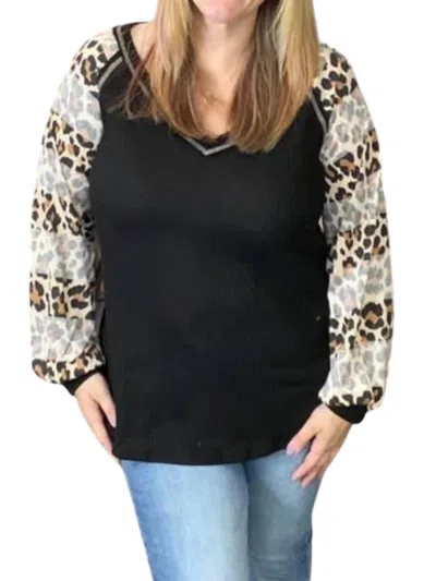 Honeyme Leopard Puff Sleeve Top In Black