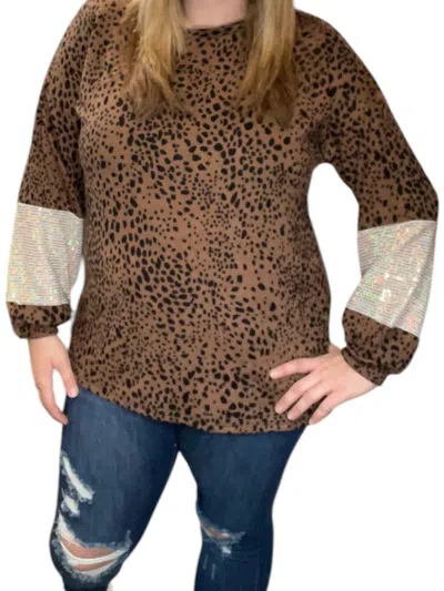 Honeyme Leopard Sequin Sleeve Sweater In Brown
