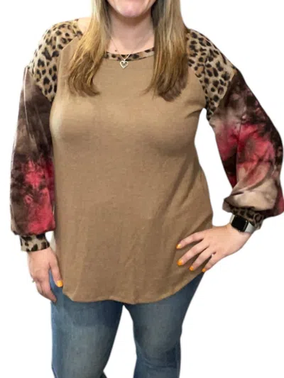 Honeyme Leopard Tie Dye Puff Sweater In Brown