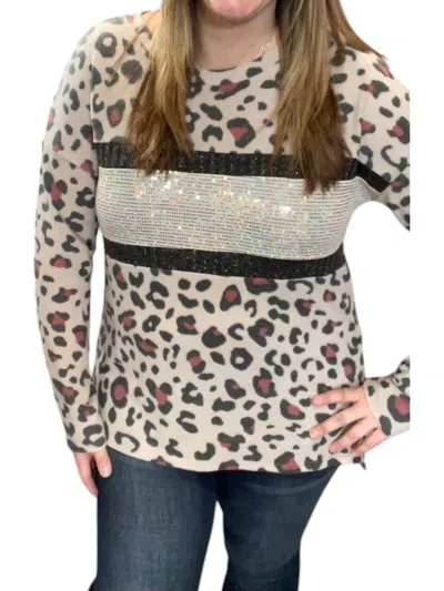 Honeyme Leopard With Sequin Sweater In Taupe In Grey