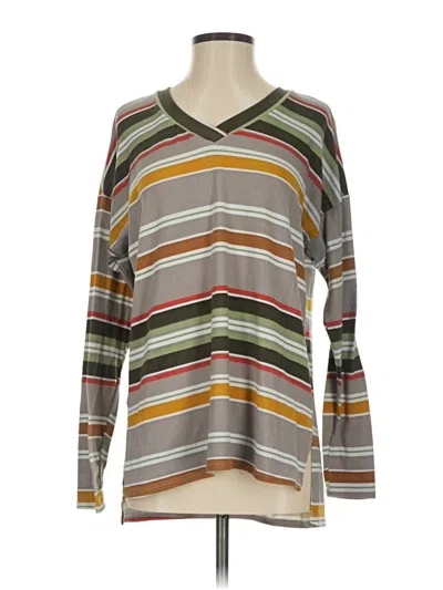 Pre-owned Honeyme Long Sleeve Top Gray Stripes Pattern V Neck Tops