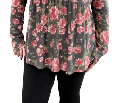 Honeyme Long Sleeve With Thumbholes Babydoll Top In Floral Black
