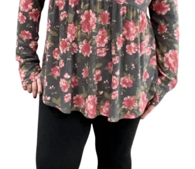 Honeyme Long Sleeve With Thumbholes Babydoll Top In Floral Black In Multi