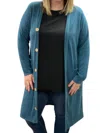 Honeyme Long With Faux Buttons Cardigan In Teal In Blue