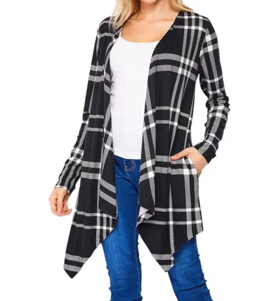 Honeyme Plaid Asymmetical Hem Cardigan In Black/white In Blue