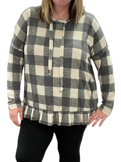 Honeyme Plaid Hooded Long Sleeve Top In Ivory/charcoal In Multi