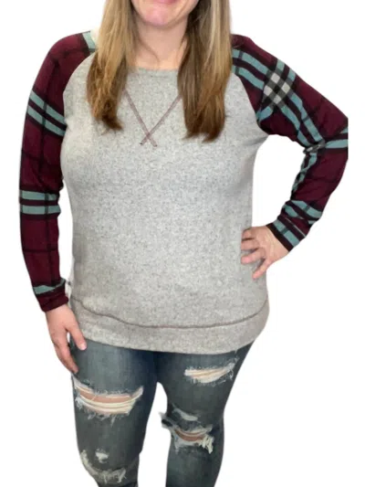 Honeyme Plaid Long Sleeve Top In Burgundy/mint In Gray