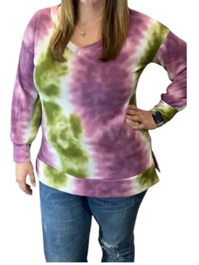 Honeyme Puff Sleeve Sweater In Olive/plum In Multi