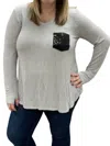 Honeyme Sequin Pocket V-neck Long Sleeve Tee In Grey In Grey