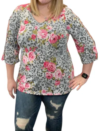Honeyme Shoulder Cutout Tunic Top In Grey Floral In Multi