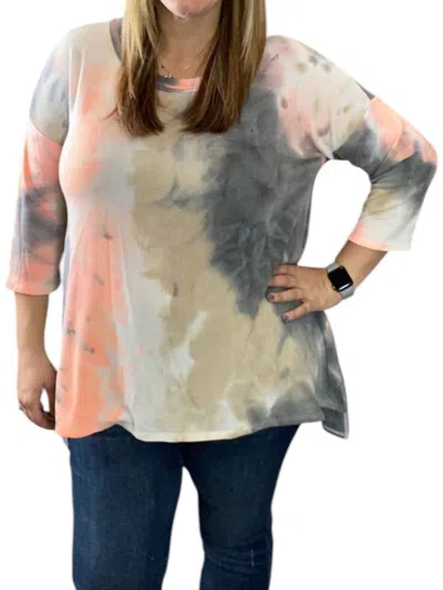 Honeyme Tie Dye 3/4 Top In Coral/grey In Multi