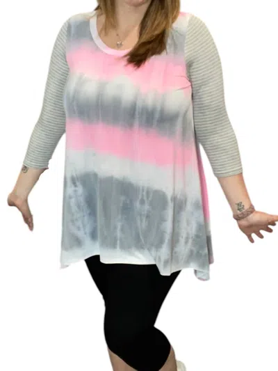Honeyme Tie Dye Meets Stripes 3/4 Sleeve Tee In Grey/pink In Multi