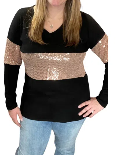 Honeyme V-neck Long Sleeve Top In Black/rose Gold In Multi