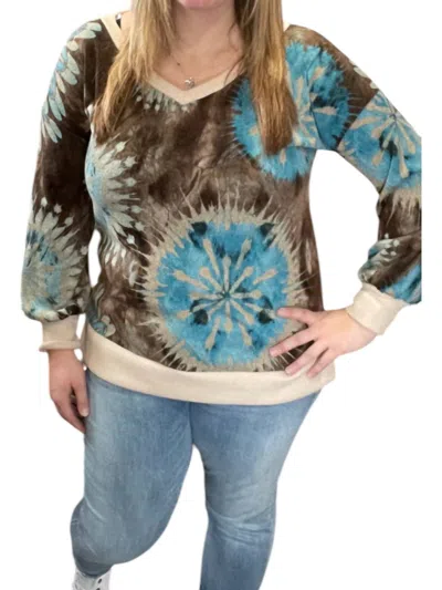 Honeyme V-neck Sweater In Mocha/turquoise In Multi