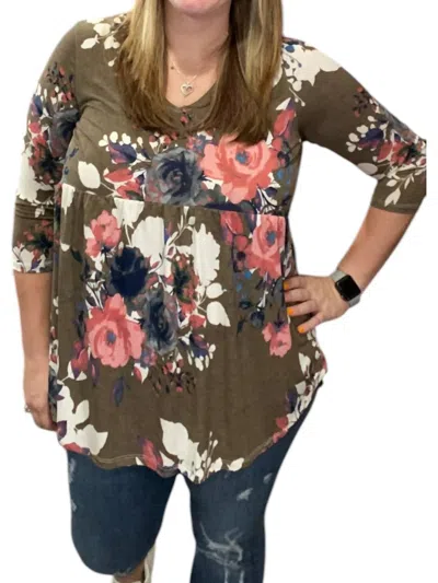 Honeyme Winter Floral Babydoll Top In Olive In Green