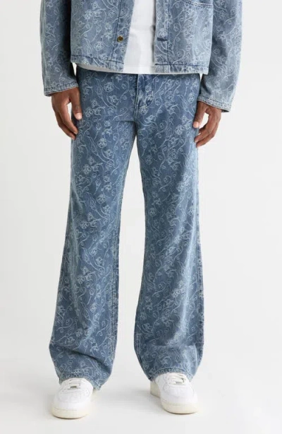 Honor The Gift Floral Jacquard Straight Leg Jeans In Light Indigo