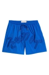 Honor The Gift Mens Blue Embroidered-text Relaxed-fit Swim Trunks In Blue