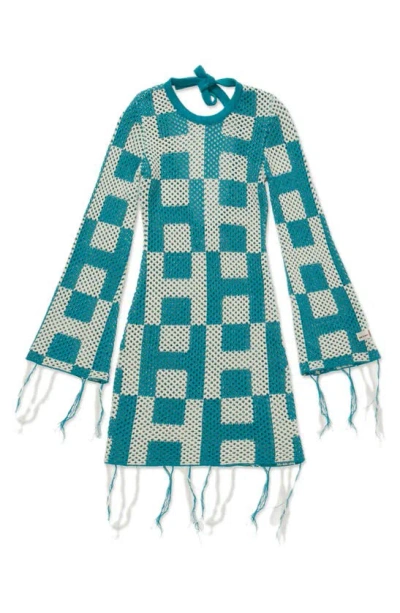 Honor The Gift Long Sleeve Openwork Mini Sweater Dress In Teal