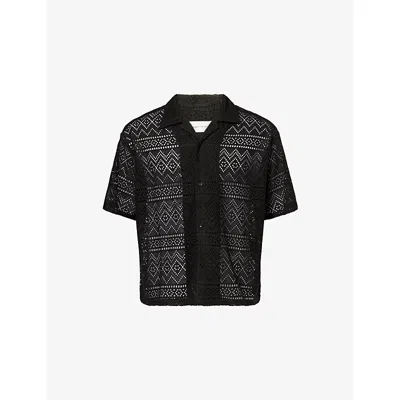 Honor The Gift Mens Black Cuban-collar Pointelle Crochet-knit Shirt