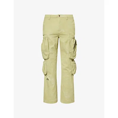 HONOR THE GIFT MENS GREEN TEXT-EMBROIDERY WIDE-LEG COTTON CARGO TROUSERS