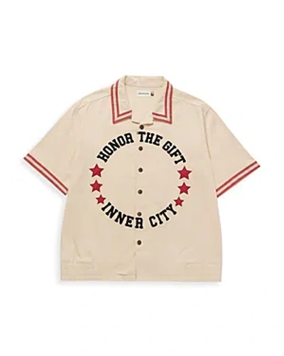 Honor The Gift Oversized Fit Varsity Traditional Short Sleeve Snap Button Shirt In Bone