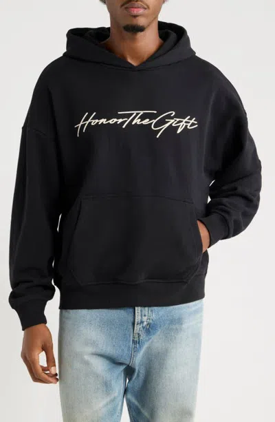 Honor The Gift Script Cotton Graphic Hoodie In Black