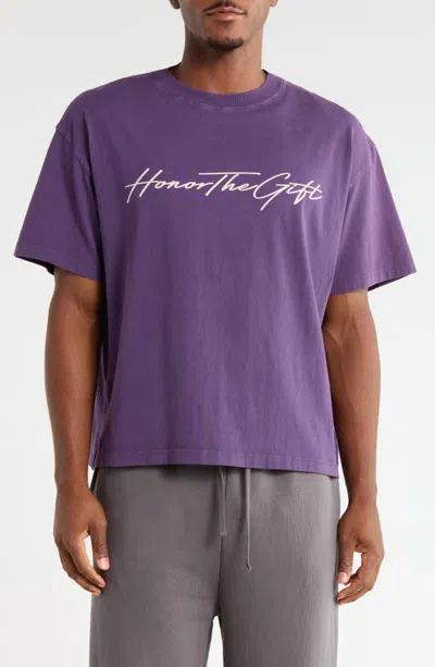 Honor The Gift Script Cotton Graphic T-shirt In Purple