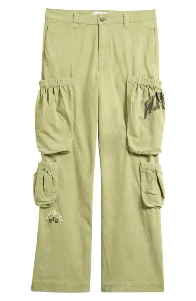 Honor The Gift Mens Green Text-embroidery Wide-leg Cotton Cargo Trousers