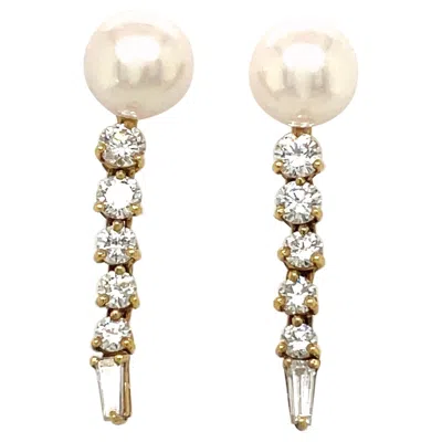 Pre-owned Honora 18kt Yellow Gold Pearl And Diamond 1.33ct. Hanging Earrings