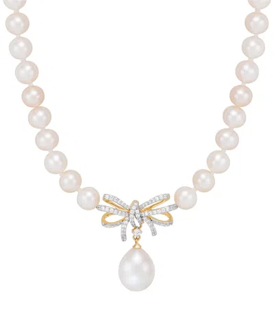 Honora Cultured Freshwater Pearl (5 & 8-1/2mm) & Diamond (1/5 Ct. T.w.) Ribbon 17" Collar Necklace In 10k G In Yellow Gold