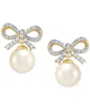 Honora Cultured Freshwater Pearl (6-6-1/2mm) & Diamond (1/6 Ct. T.w.) Bow Earrings In 14k Yellow Gold In White