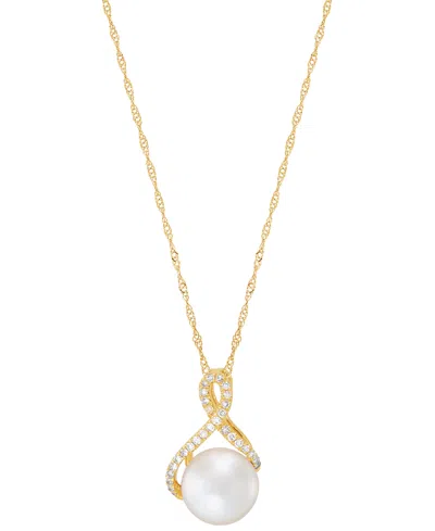 Honora Cultured Freshwater Pearl (8mm) & Diamond (1/10 Ct. T.w.) Ribbon 18" Pendant Necklace In 14k Gold In Yellow Gold