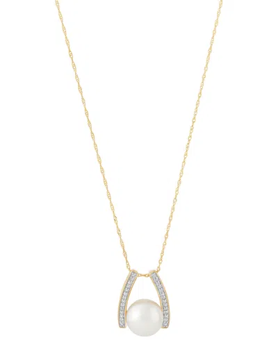 Honora Cultured Freshwater Pearl (9mm) & Diamond (1/20 Ct. T.w.) 18" Pendant Necklace In 14k Gold In Yellow Gold