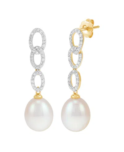 Honora Cultured Freshwater Pearl And Diamond Dangle Earrings (1/4 Ct. T.w.) In 10k Yellow Gold