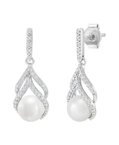 Honora Cultured Freshwater Pearl And Diamond Drop Earrings (1/5 Ct. T.w.) In 10k White Gold
