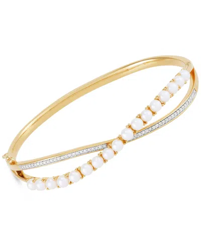 Honora Cultured White Ming Pearl (3-1/2-4mm) & Diamond (1/4 Ct. T.w.) Bangle Bracelet In 14k Gold-plated St