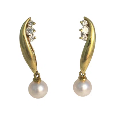 Pre-owned Honora Pearl And Diamond Dangle Gold Earrings In Multi