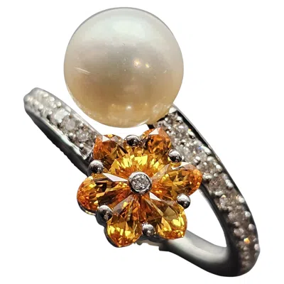 Pre-owned Honora Pearl Diamond Ring 18k White Gold Citrine Pearl Size 6.75