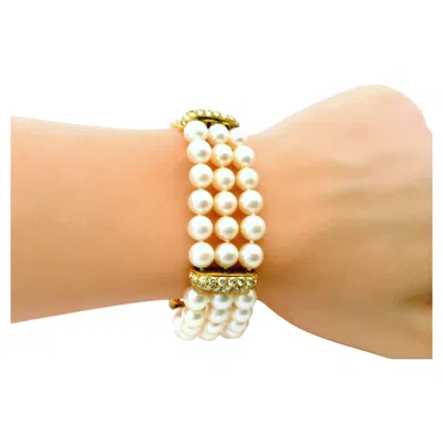 Pre-owned Honora Triple Pearls Bracelet With 4 Pave Stations In Multi