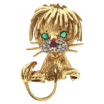 Pre-owned Honora Vintage  Lion Cub 18 Karat Yellow Gold Brooch Pin Emerald Ruby Accents