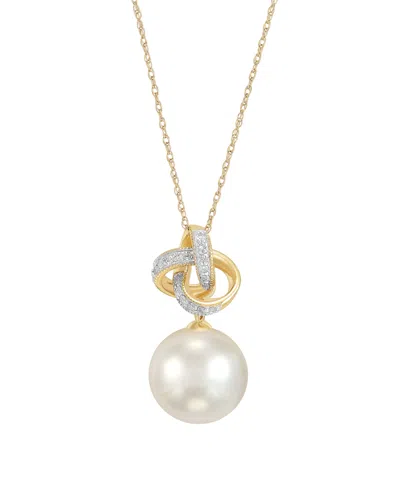 Honora White Ming Pearl (11-12mm) & Diamond (1/10 Ct. T.w.) Loveknot Pendant Necklace In 10k Yellow Gold