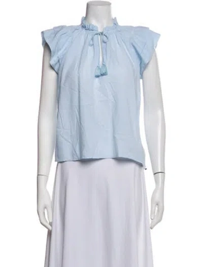 Pre-owned Honorine Tie Neck Short Sleeve Top In Blue/white